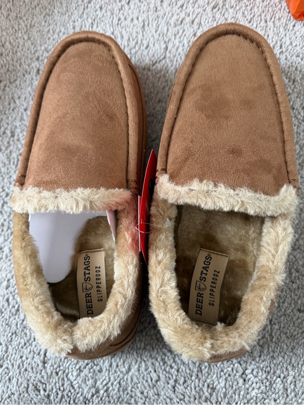 Deer Stags Tan Faux-Suede Moccasin Slippers with Cream Plush Lining